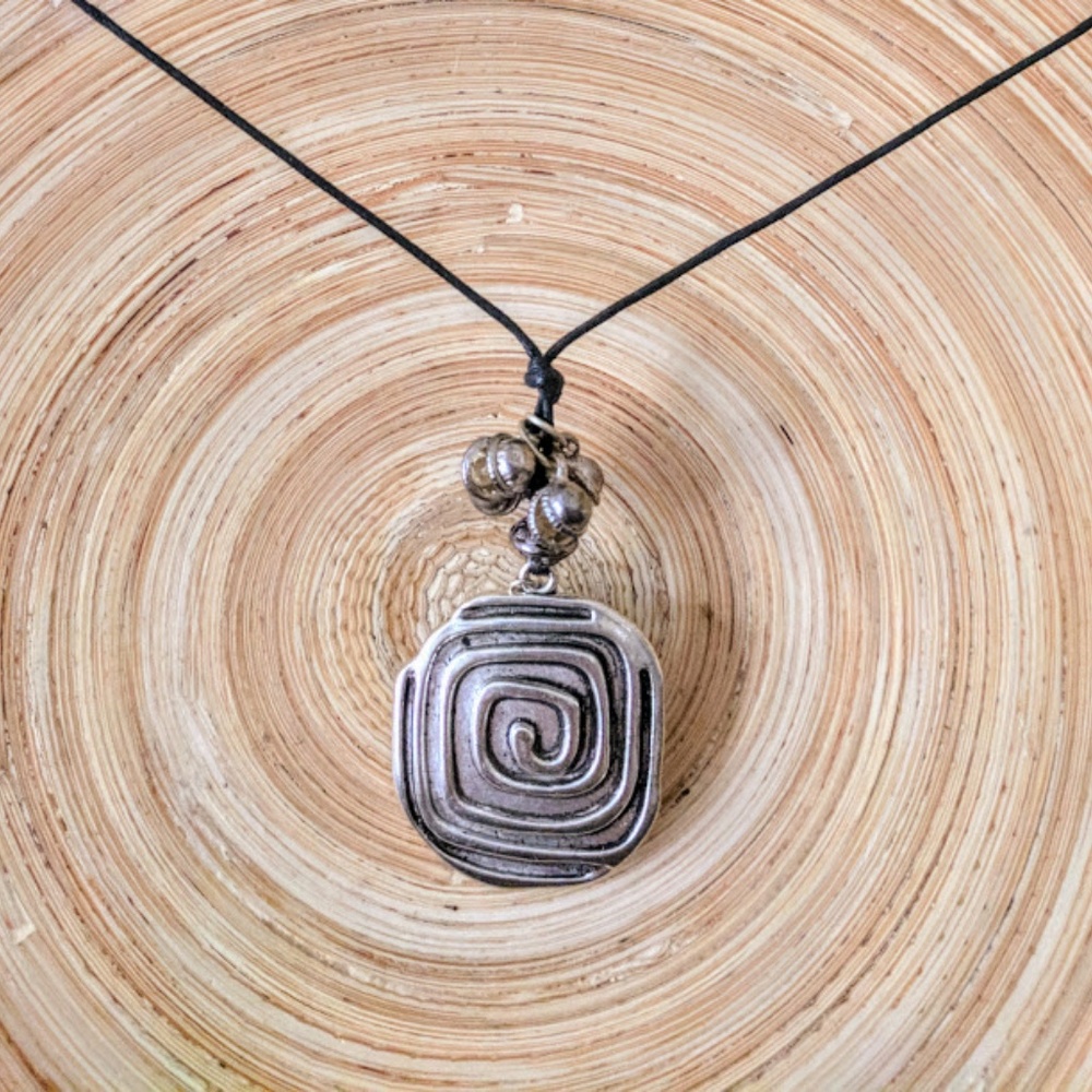 Swirl Charm Necklace/Black Rope and Tiny Bells